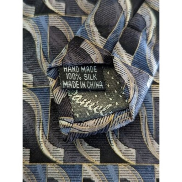 Keith Daniels Blue Silver Geometric Slope Print Silk Neck Tie Handmade 57" - Picture 5 of 6